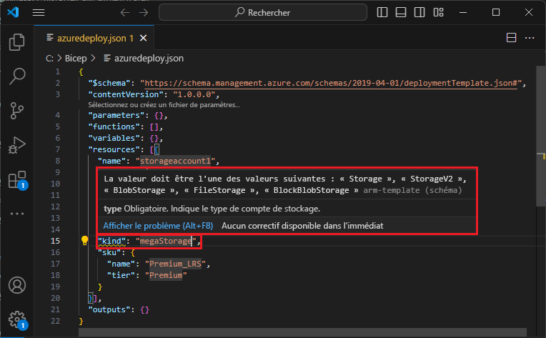 Capture d’écran d’une configuration de stockage non valide.