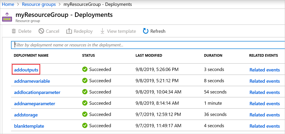 Capture d’écran du Portail Azure montrant l’historique de déploiement.