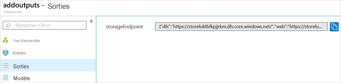 Capture d’écran du Portail Azure montrant les sorties du déploiement.