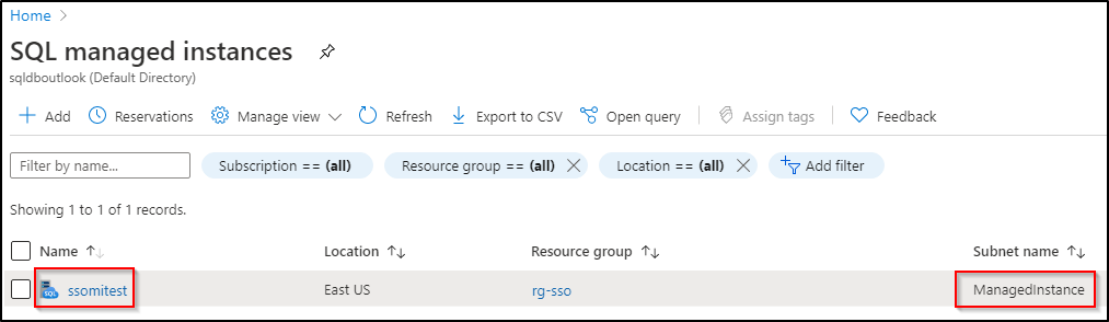 Capture de l’écran Instances managées SQL avec le nom d’instance SQL ssomitest et le nom de sous-réseau ManagedInstance mis en évidence.