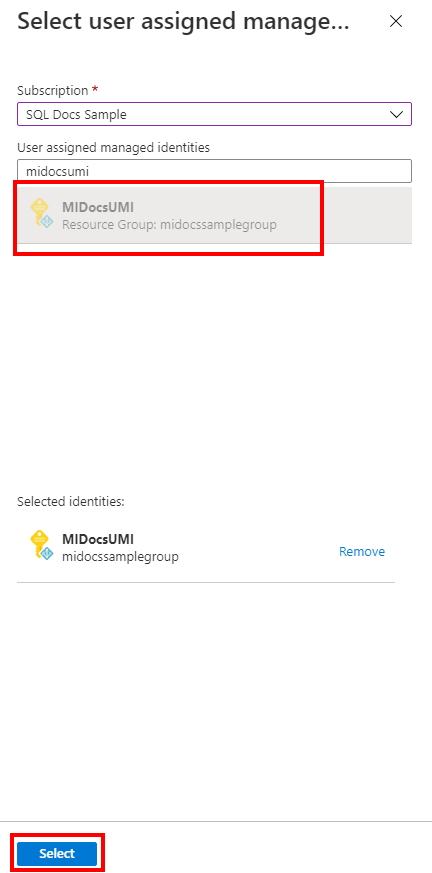 Capture d’écran du portail Azure illustrant une identité managée attribuée à un utilisateur lors de la configuration de l’identité de l’instance gérée