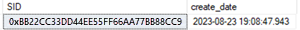 Capture d’écran de la sortie de la requête dans SQL Server Management Studio (SSMS) pour le SID de l’application.