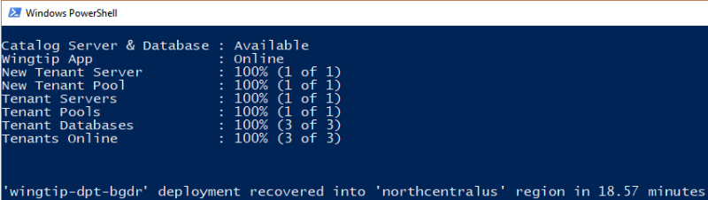 Capture d’écran montrant la fenêtre PowerShell dans laquelle vous pouvez superviser l’état du processus de récupération.