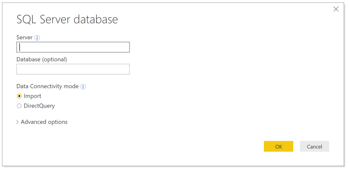 La capture d’écran présente la boîte de dialogue de la base de données SQL Server, dans laquelle vous pouvez entrer le serveur et la base de données.