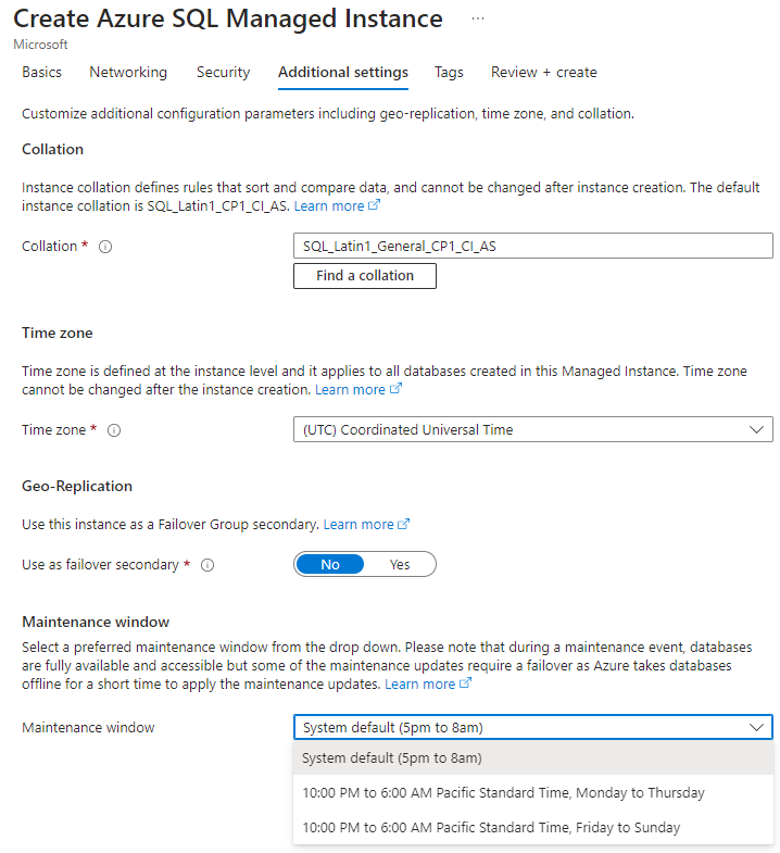 Capture d’écran à partir du portail Azure. Dans l’onglet Créer une Azure SQL Managed Instance, Paramètres supplémentaires, la fenêtre de maintenance déroulante est ouverte.