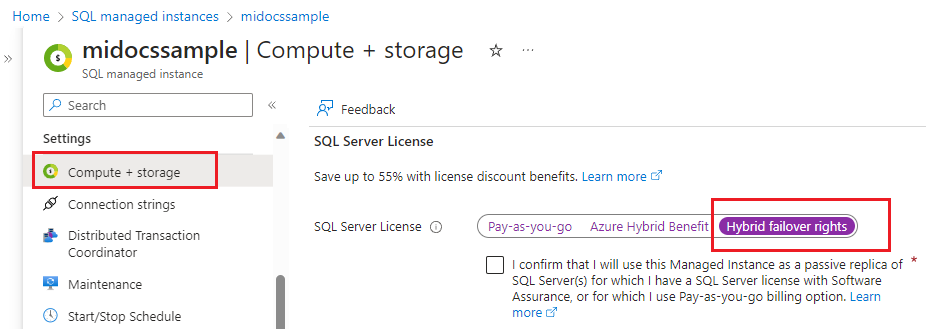 Capture d’écran de la page de calcul et de stockage pour votre instance gérée dans le portail Azure avec les droits de basculement hybride mis en évidence. 