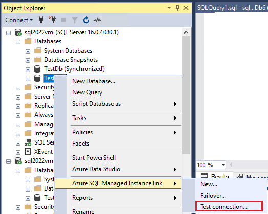 Capture d’écran de l’explorateur d’objets dans S S M S, avec la connexion de test sélectionnée dans le menu contextuel du lien vers la base de données.