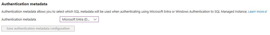 Capture d'écran du portail Azure montrant la configuration du mode de métadonnées d'authentification.