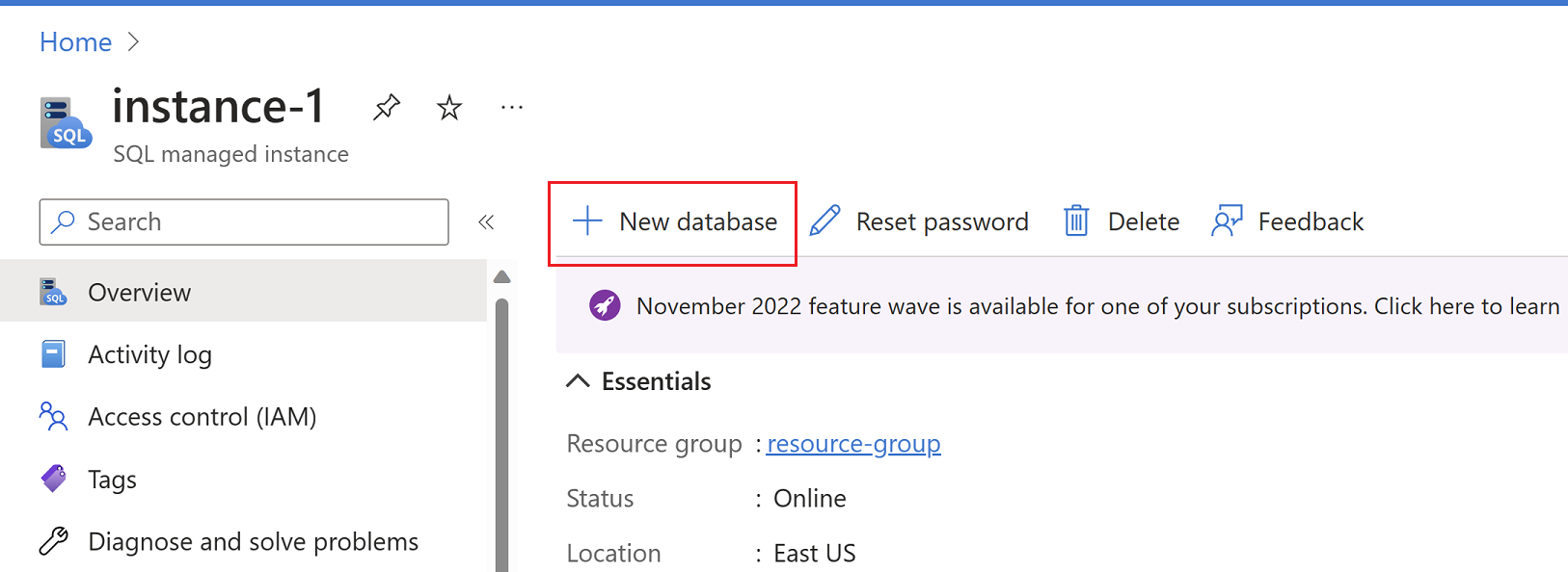 Capture d’écran montrant le volet de la vue d’ensemble de SQL Managed Instance dans le portail Azure avec l’option Ajouter une base de données sélectionnée. 