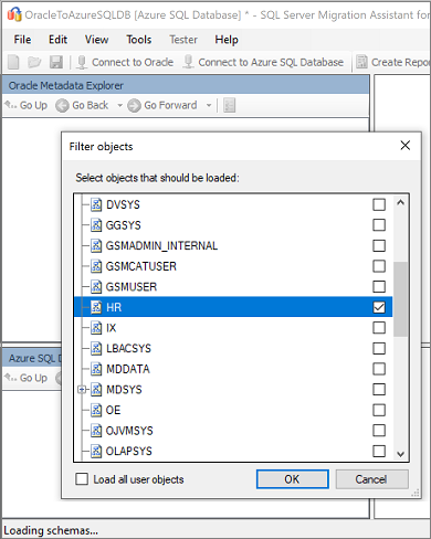 Capture d’écran montrant la sélection d’un schéma Oracle.