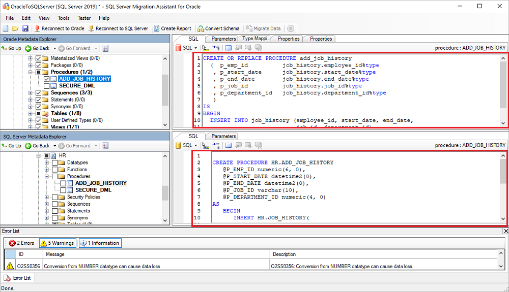 Capture d’écran montrant Transact-SQL, des procédures stockées et un avertissement.