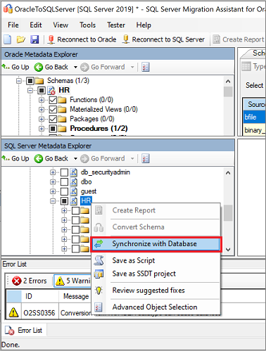 Capture d’écran montrant la commande de synchronisation avec la base de données.