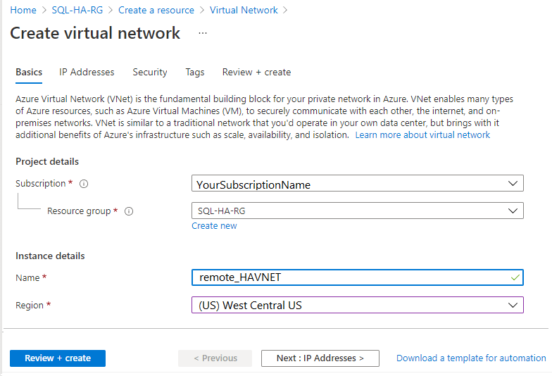 Capture d’écran du portail Azure montrant les sélections à effectuer pour créer un réseau virtuel dans une région distante.