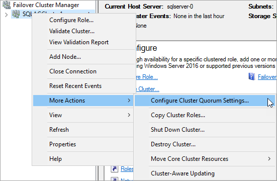 Capture d’écran du Gestionnaire du cluster de basculement montrant les sélections à effectuer pour configurer les paramètres de quorum du cluster.