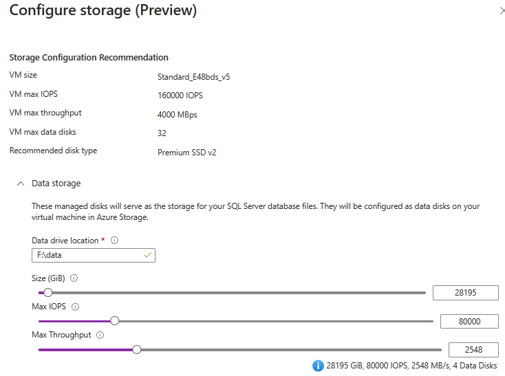 Capture d’écran du portail Azure montrant la fenêtre Configurer le stockage.