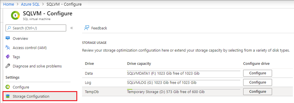 Capture d’écran mettant en surbrillance l’option Configurer et la section Utilisation du stockage.