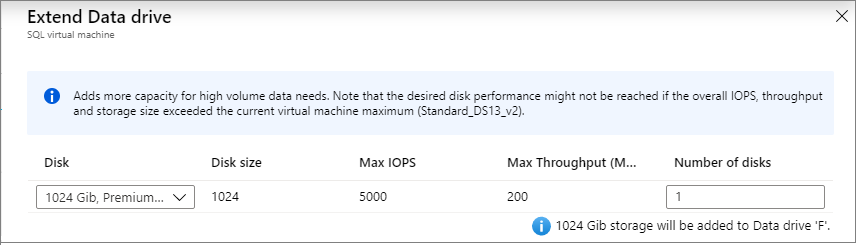 Capture d’écran du Portail Azure montrant la page Étendre le lecteur de données, utilisée pour configurer le stockage pour une machine virtuelle SQL Server existante.