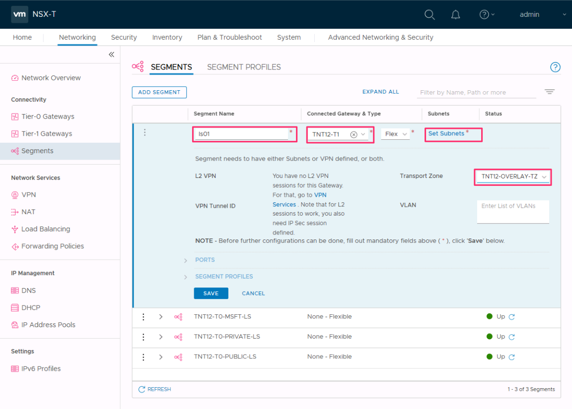 Capture d’écran montrant les détails des segments pour l’ajout d’un nouveau segment de réseau NSX.