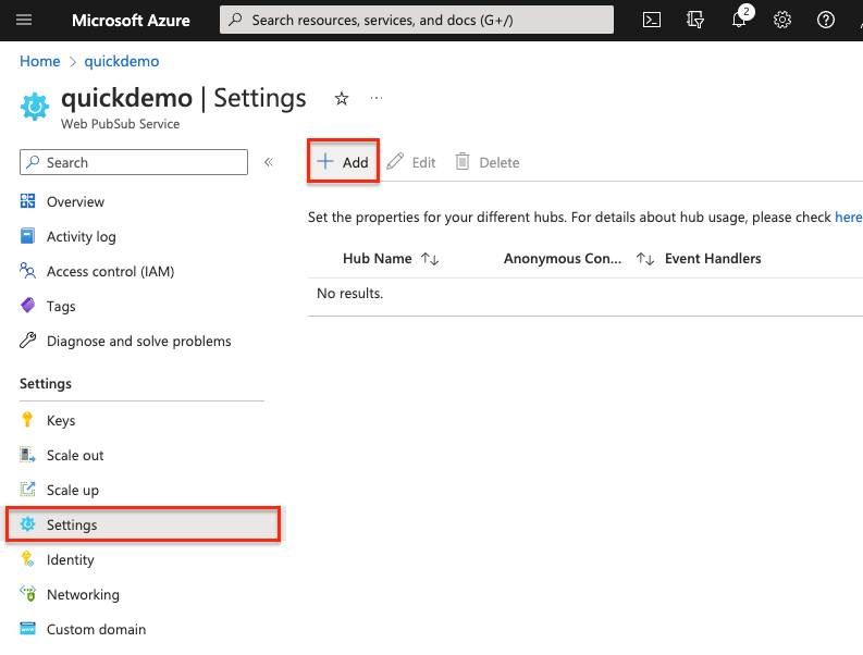 Capture d’écran de Configurer le gestionnaire d'événements Azure Web PubSub – menu.