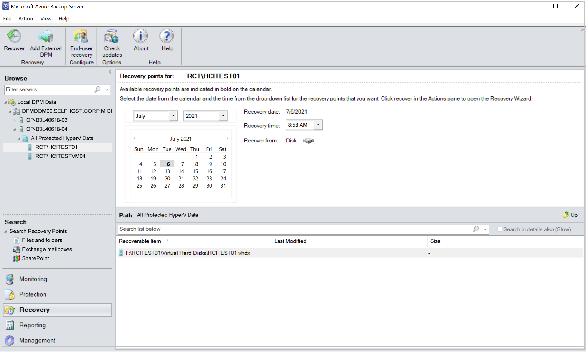 Capture d’écran montrant comment récupérer des fichiers à partir d’une machine virtuelle Hyper-v dans le volet « Points de récupération pour ».