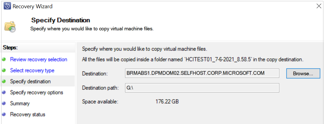 Capture d’écran montrant comment spécifier l’emplacement pour récupérer des fichiers à partir d’une machine virtuelle Hyper-V.