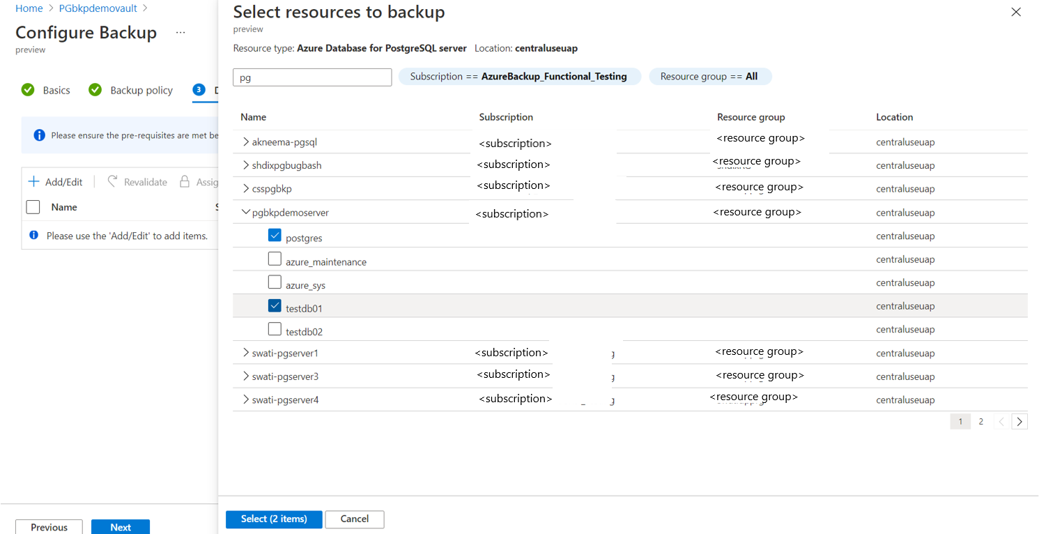 Capture d’écran montrant comment choisir un serveur Azure PostgreSQL.