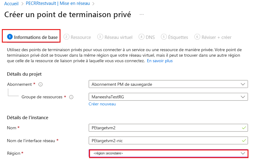 Capture d’écran montrant comment sélectionner la région pour la restauration dans la région secondaire.