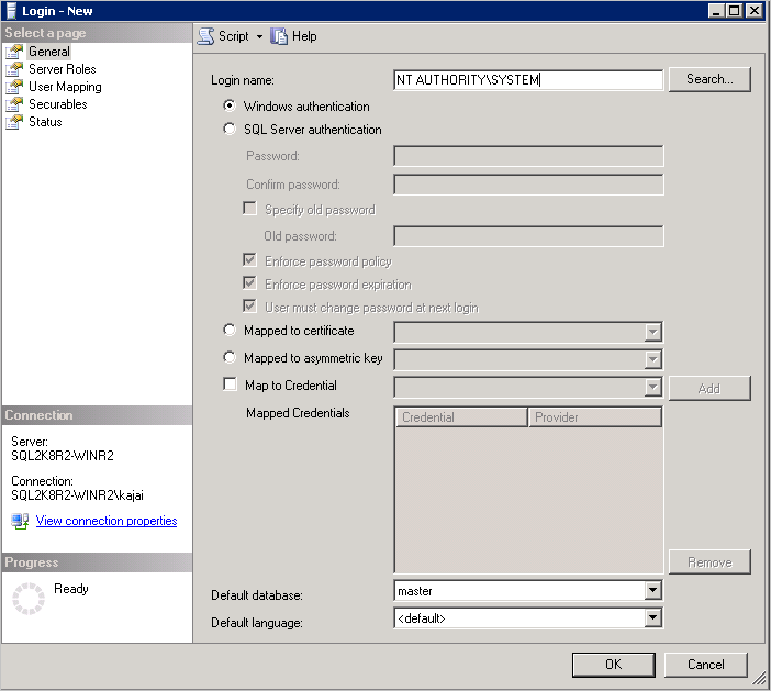 Nom de connexion pour SSMS