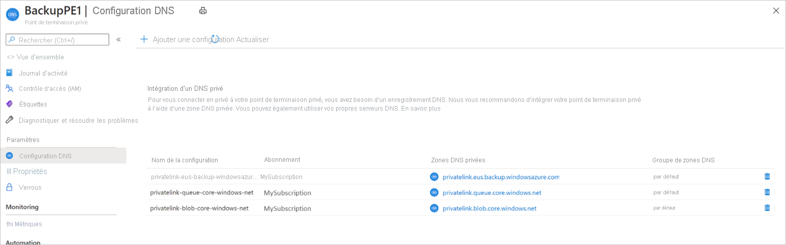 Configuration DNS dans la zone DNS privée Azure