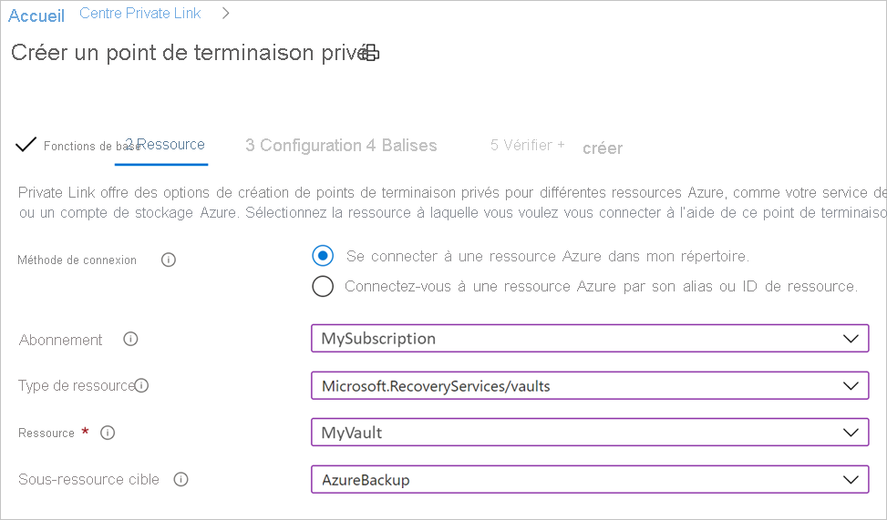 Sélectionner la ressource pour votre connexion