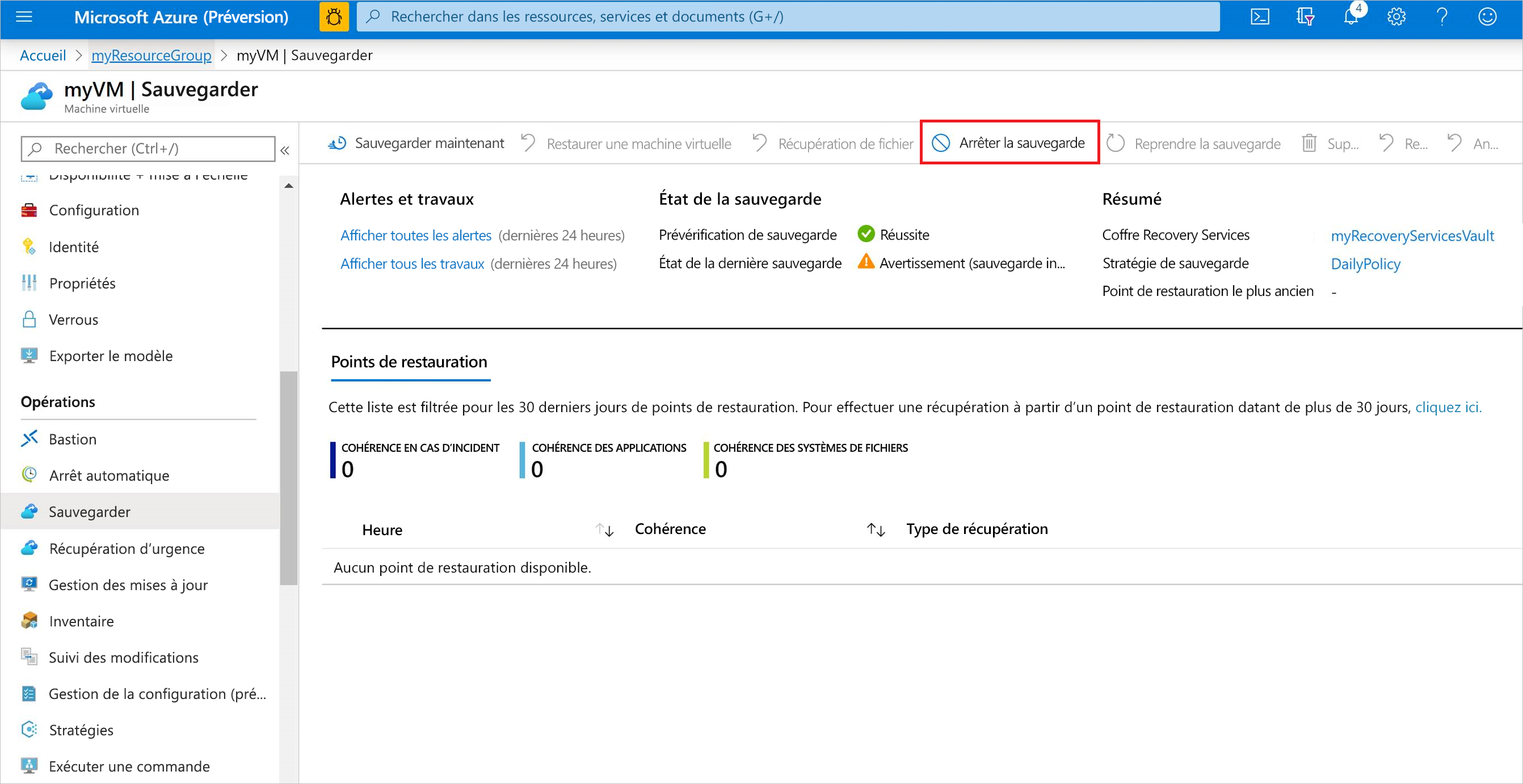 Capture d’écran illustrant l’arrêt de la sauvegarde de machine virtuelle à partir du portail Azure.