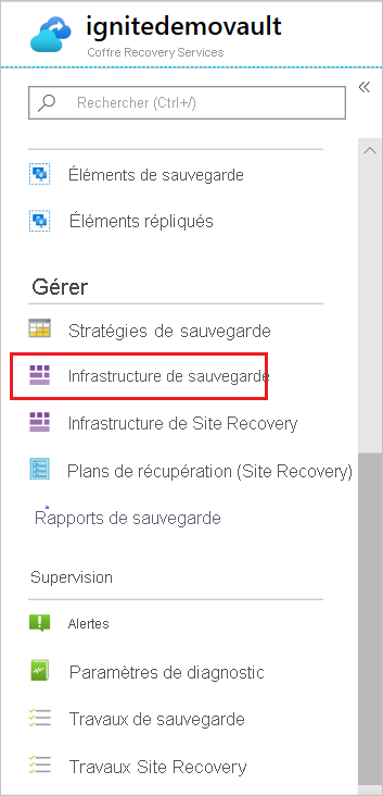 Capture d’écran montrant le lien « Infrastructure de sauvegarde » dans le tableau de bord Recovery Services.
