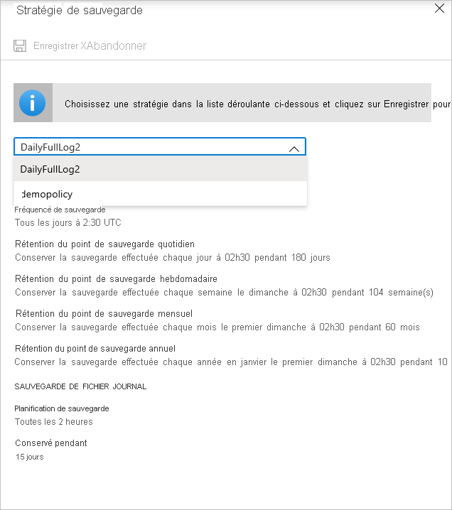 Capture d’écran montrant la liste déroulante permettant de changer de stratégie de sauvegarde.