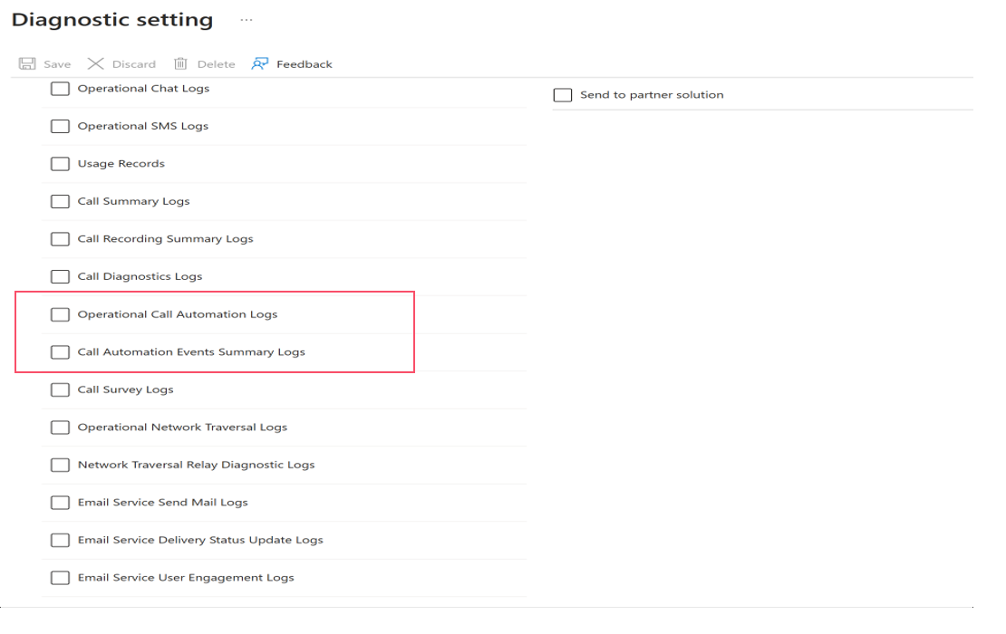 Capture d’écran des paramètres de diagnostic pour Call Automation.