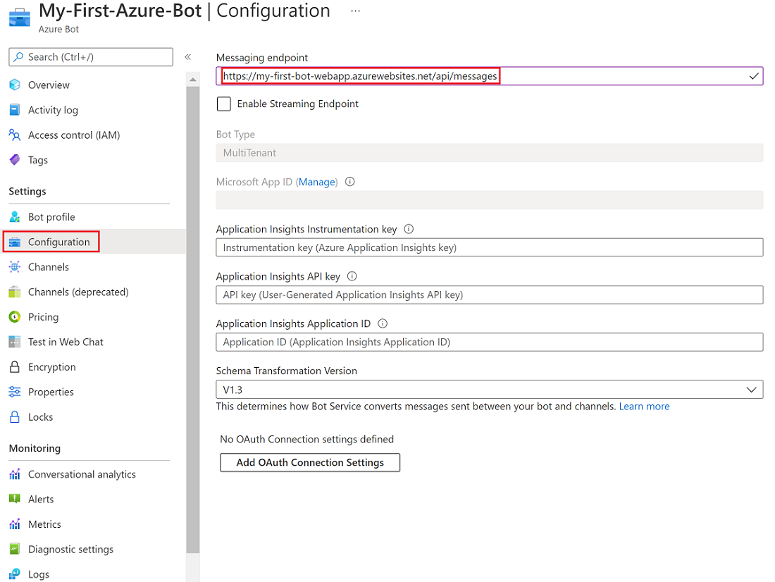 Capture d’écran montrant comment créer un point de terminaison de messagerie de bot à l’aide du nom d’hôte de l’application web.