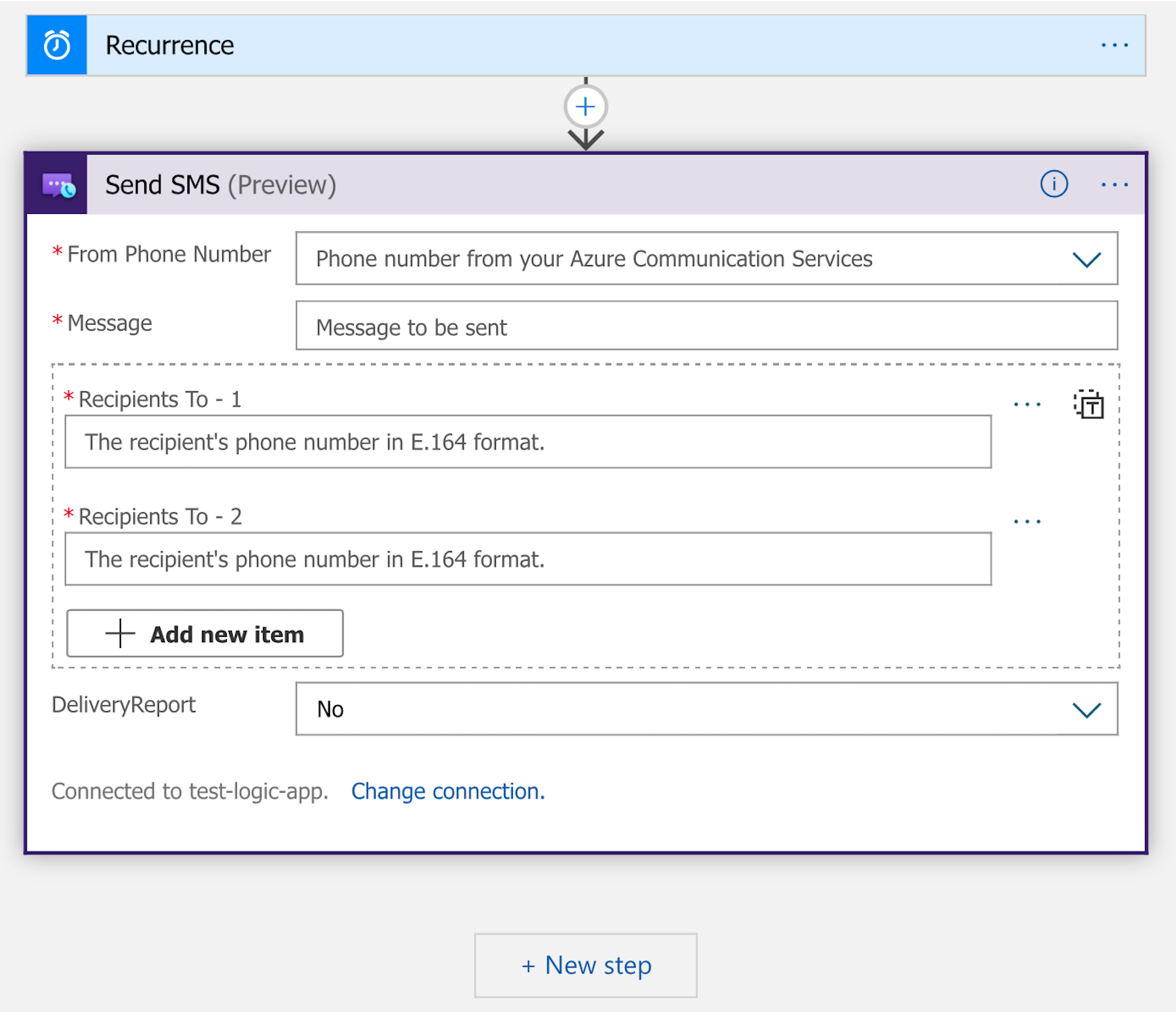 Capture d’écran montrant l’action Envoyer un SMS avec des exemples d’informations