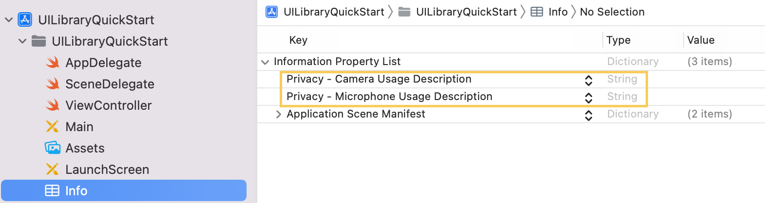 Capture d’écran montrant la confidentialité liée à l’utilisation de l’appareil photo et du microphone dans Xcode.