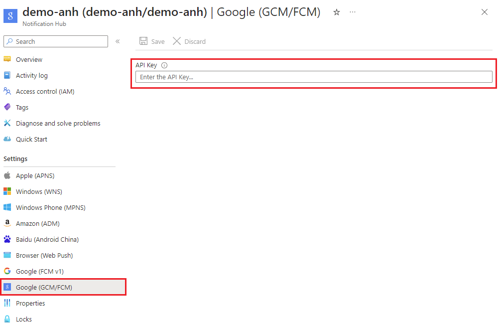 Capture d’écran montrant comment supprimer les informations d’identification héritées pour GCM /FCM dans les paramètres du portail Azure.