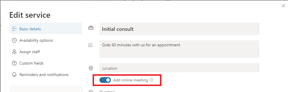 Capture d’écran de l’expérience de configuration des services de réservation de réunion en ligne.