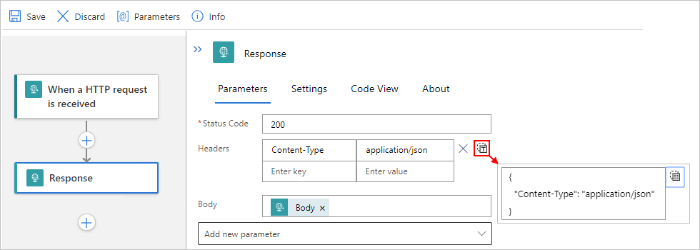 Capture d'écran montrant les en-têtes du portail Azure, du flux de travail standard et de l'action de réponse dans la vue 