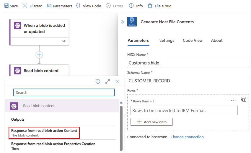 Screenshot shows the Generate Host File Contents action, dynamic content list, and selecting rows to read and convert from JSON file in Blob Storage account.