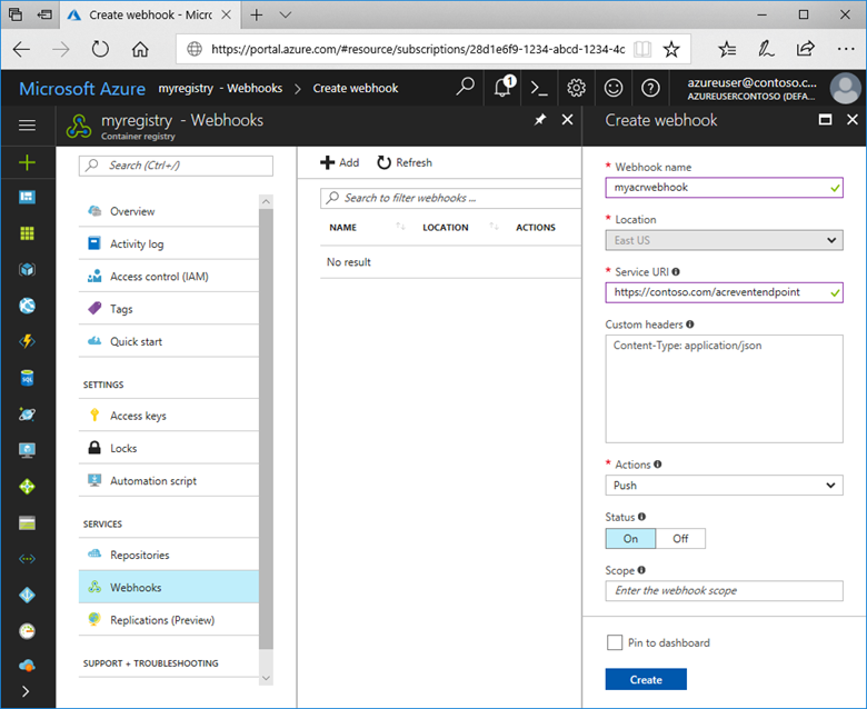 Capture d’écran montrant l’interface utilisateur de création d’un webhook ACR dans le portail Azure.