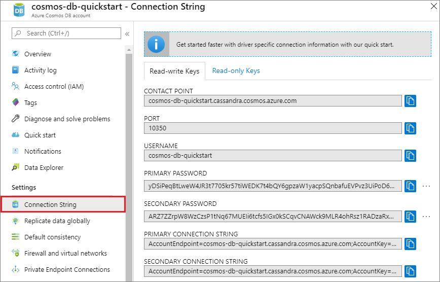 Afficher et copier un nom d’utilisateur, un mot de passe et un point de contact dans le panneau de chaîne de connexion du portail Azure