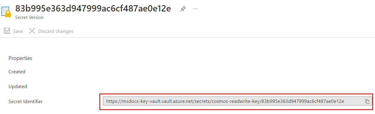 Capture d’écran d’un identificateur de secret pour un secret de coffre de clés nommé cosmos-readwrite-key.