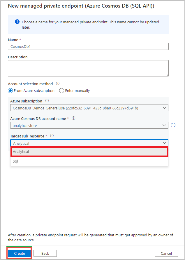 Choisissez Analytique pour la sous-ressource cible.