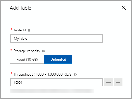 Capture d’écran de l’API pour Table, boîte de dialogue Ajouter une table