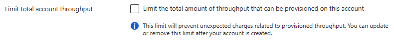 Capture d’écran du portail Azure montrant comment limiter le débit total du compte lors de la création d’un nouveau compte