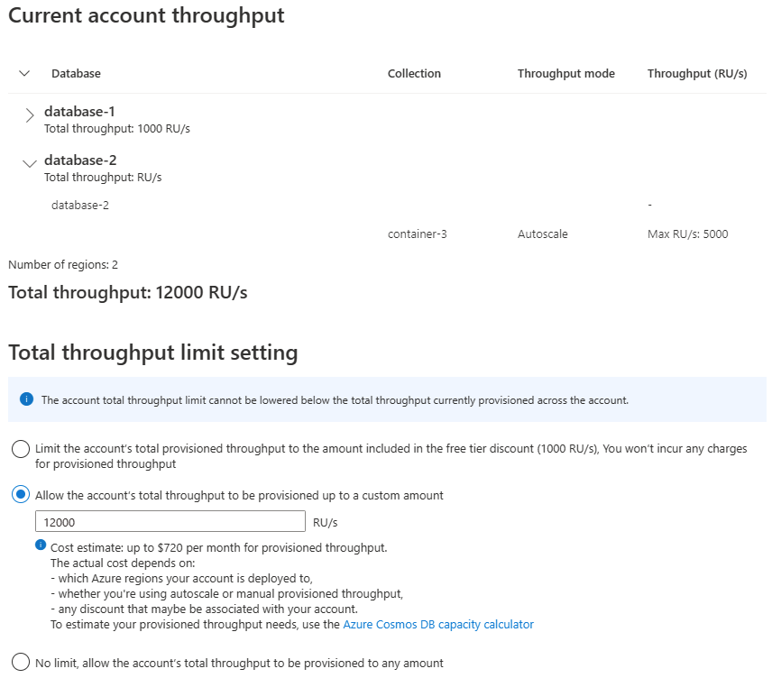 Capture d’écran du portail Azure montrant comment mettre à jour le débit total du compte sur un compte existant