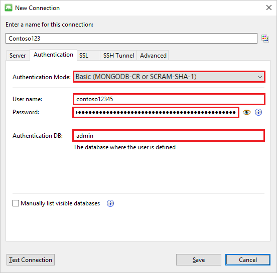 Capture d’écran de l’onglet Authentification du gestionnaire de connexions Studio 3T