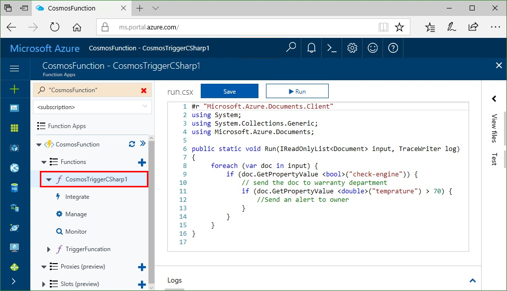 Créer un déclencheur Azure Functions pour Azure Cosmos DB dans le Portail Azure